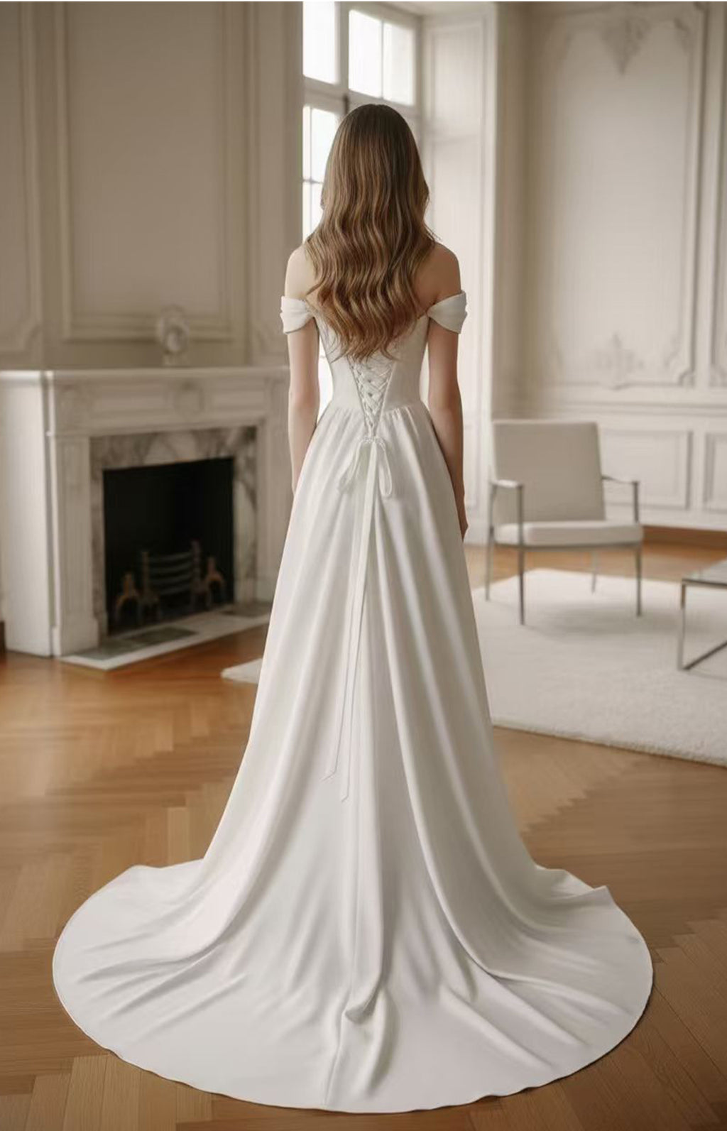 Ivory Satin Off-The-Shoulder A-Line Wedding Dress with Corset Back and Chapel Train Back View