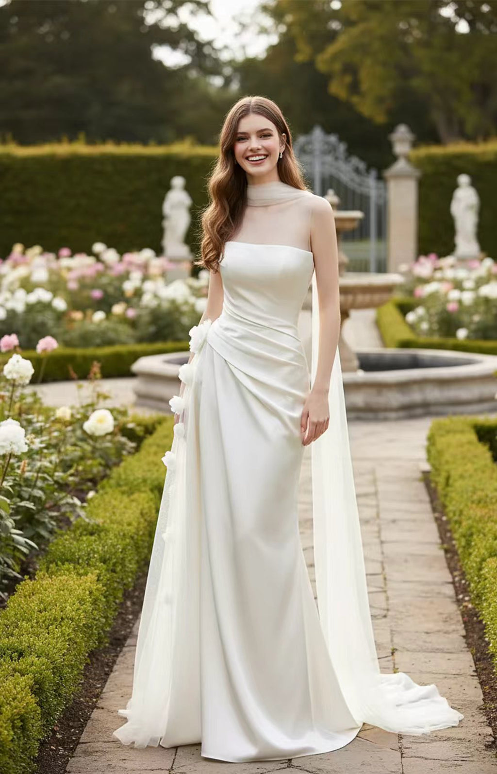 Ivory Satin Sheath Cape-Sleeve Wedding Dress