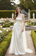 Ivory Satin Sheath Cape-Sleeve Wedding Dress