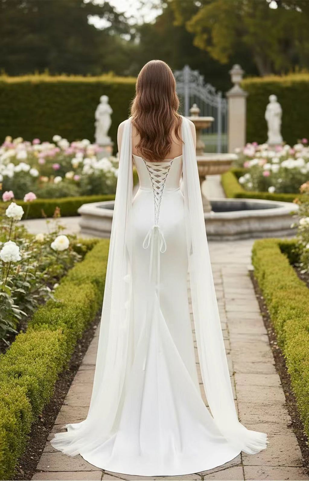 Ivory Satin Sheath Cape-Sleeve Wedding Dress Back View