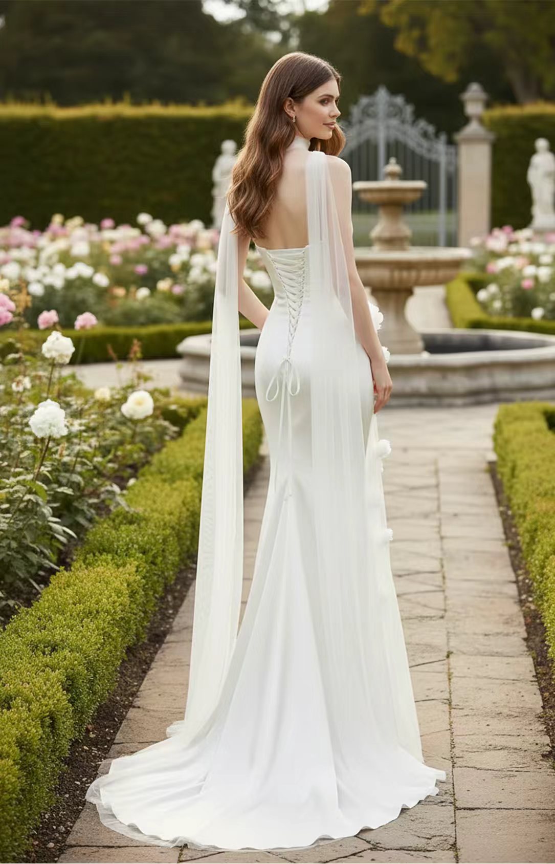 Ivory Satin Sheath Cape-Sleeve Wedding Dress Side View