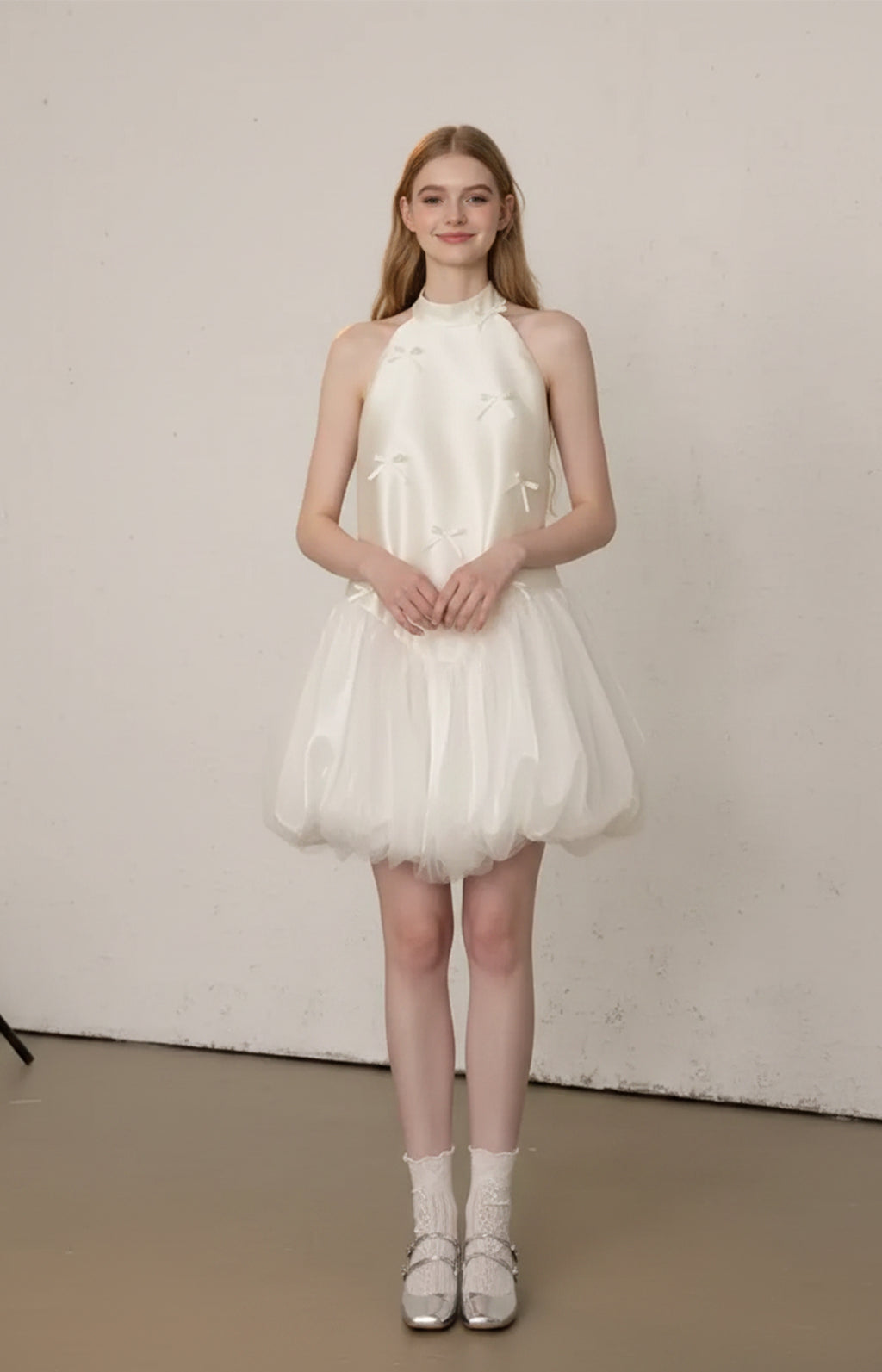 Ivory Satin Tulle Halter Sleeveless Mini Wedding Dress