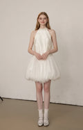 Ivory Satin Tulle Halter Sleeveless Mini Wedding Dress