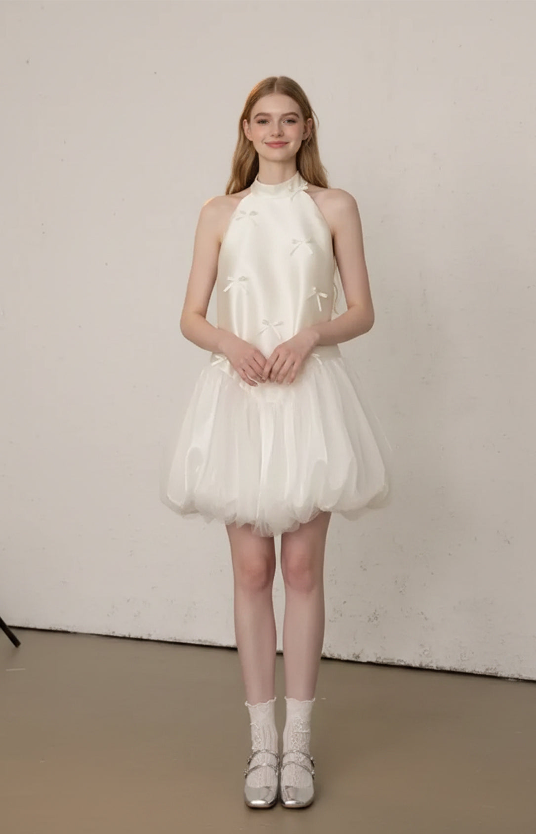 Ivory Satin Tulle Halter Sleeveless Mini Wedding Dress