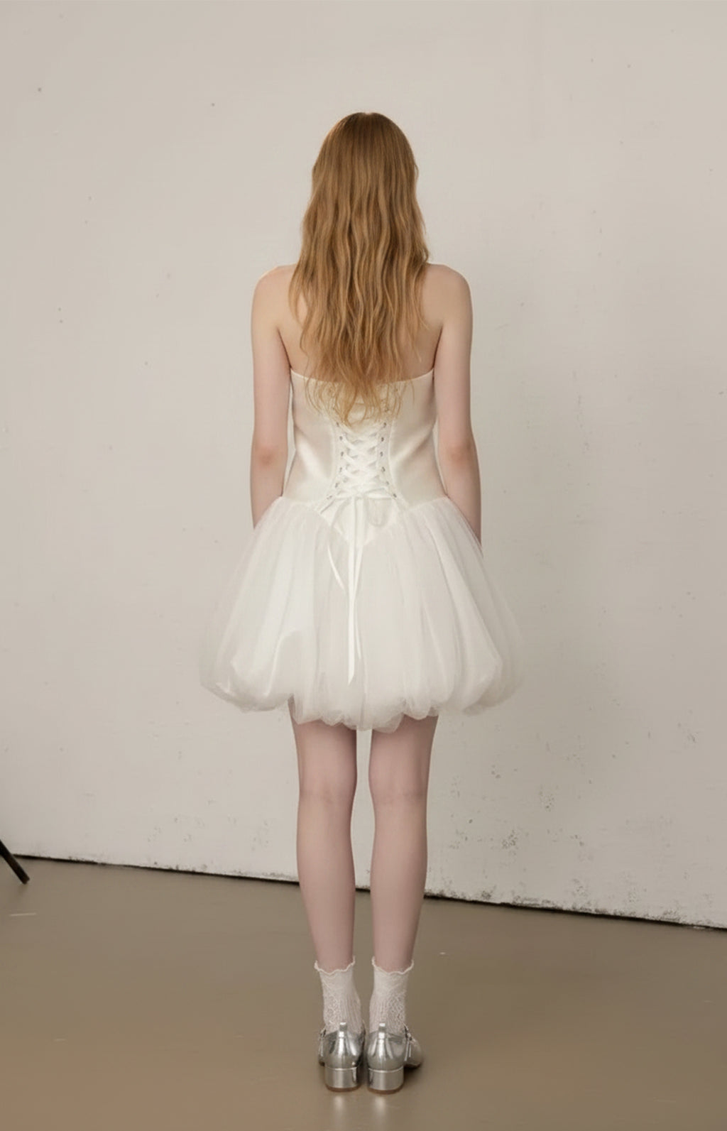 Ivory Satin Tulle Halter Sleeveless Mini Wedding Dress Back View