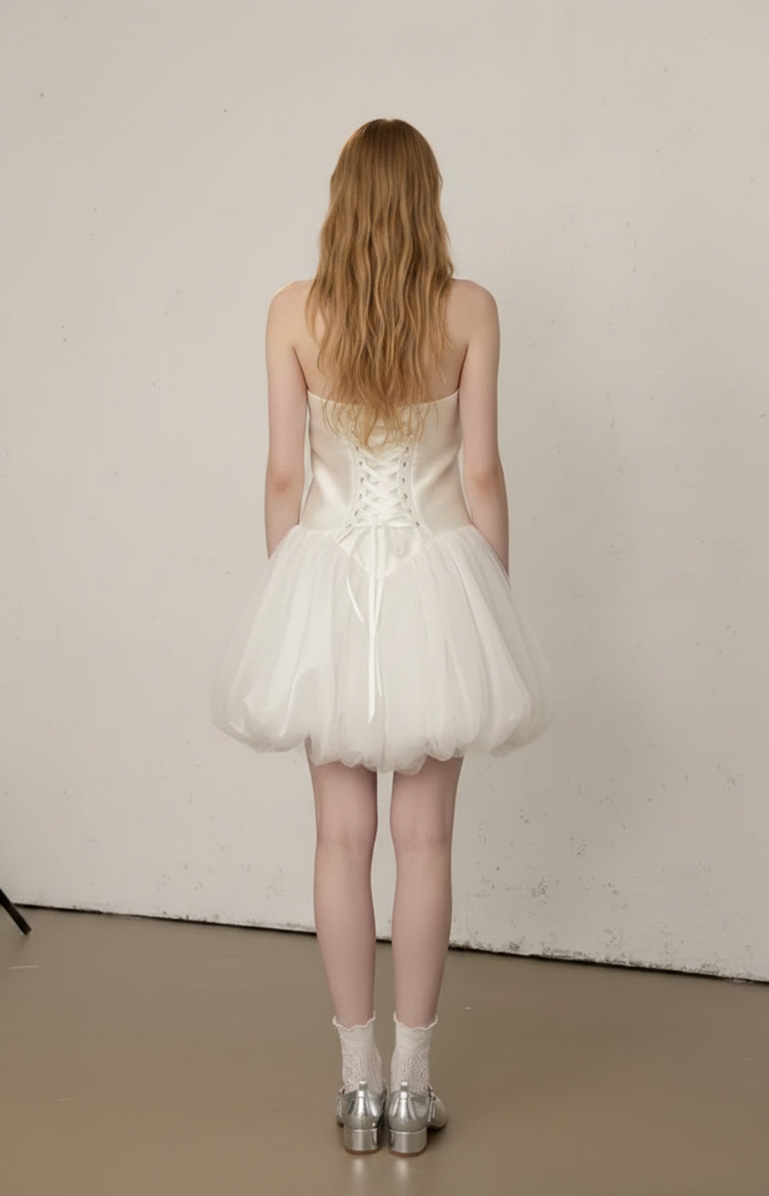 Ivory Satin Tulle Halter Sleeveless Mini Wedding Dress Back View