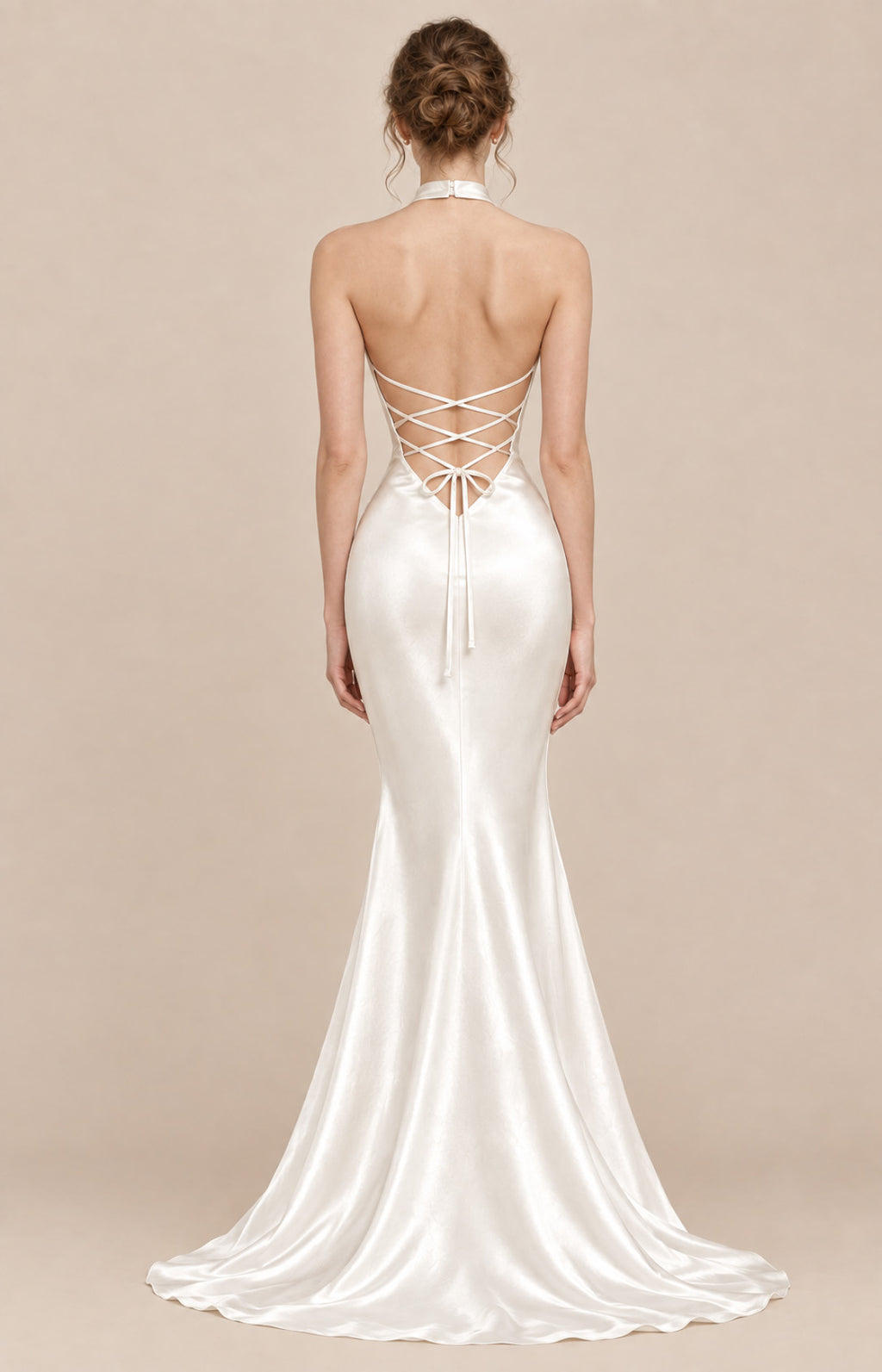 Ivory liquid satin backless mermaid wedding dress with criss-cross lace-up back and bow tie