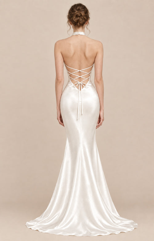 Ivory liquid satin backless mermaid wedding dress with criss-cross lace-up back and bow tie