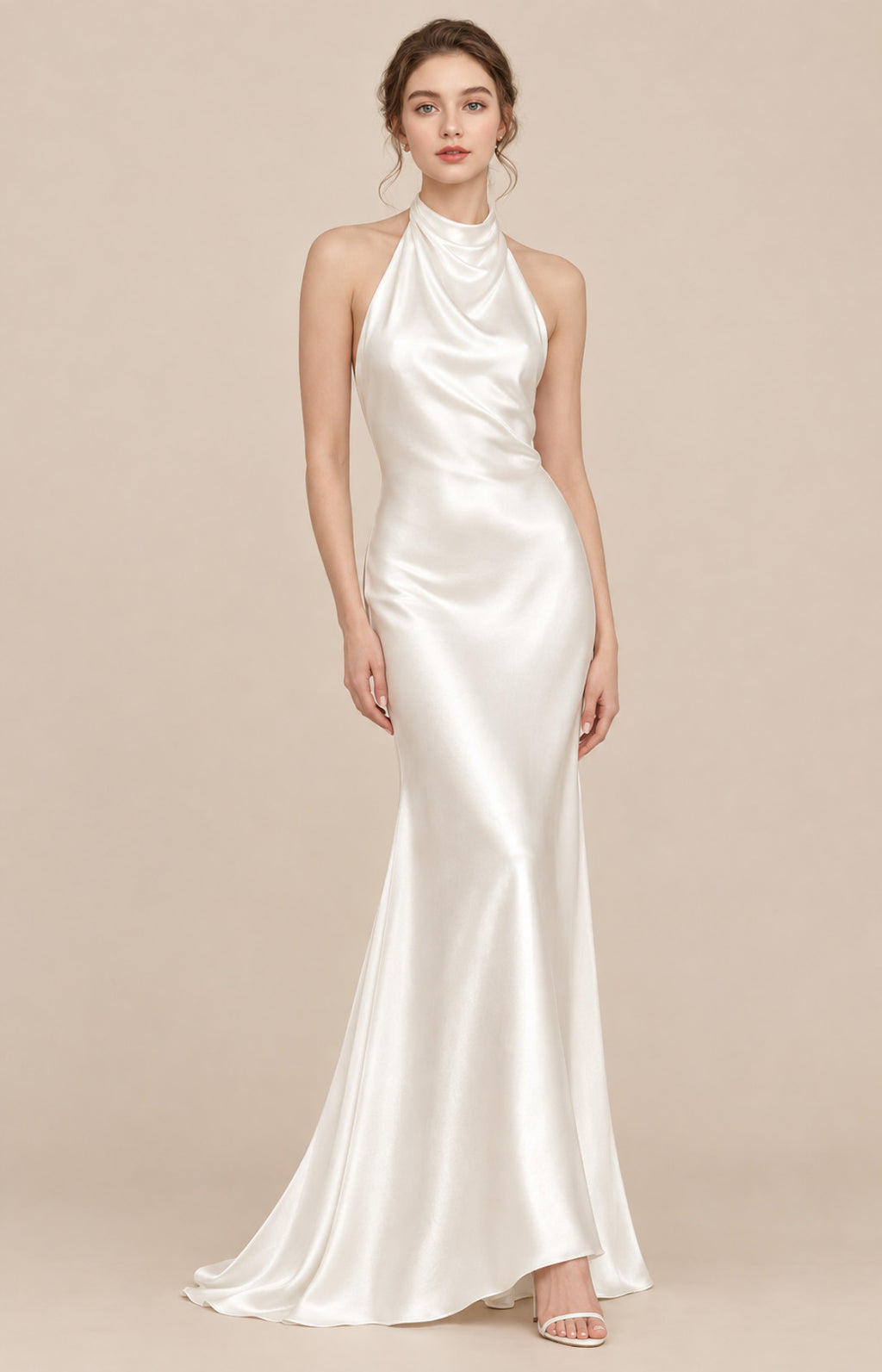 Ivory liquid satin halter cowl neck mermaid wedding dress with sweep train, front view