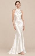 Ivory liquid satin halter cowl neck mermaid wedding dress with sweep train, front view