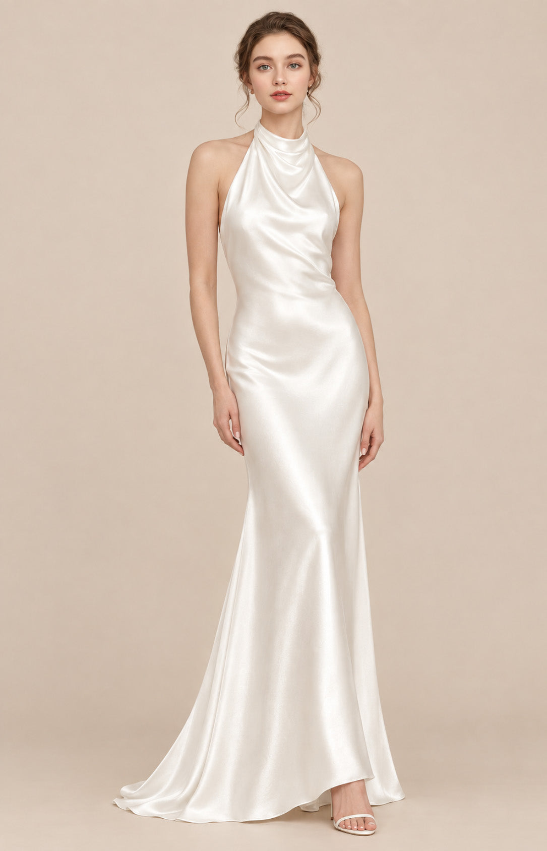 Ivory liquid satin halter cowl neck mermaid wedding dress with sweep train, front view