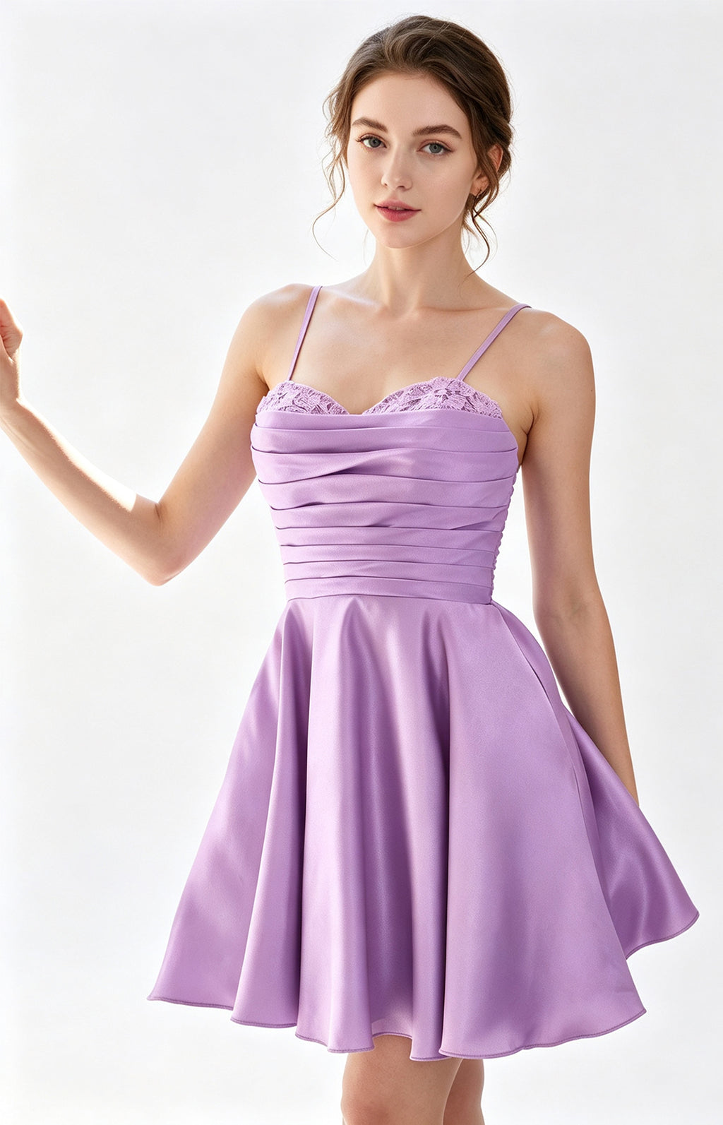 Lavender Spaghetti Strap Satin Lace Trim A-Line Short Homecoming Dress Show  View