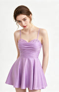 Lavender Spaghetti Strap Satin Lace Trim A-Line Short Homecoming Dress Show View