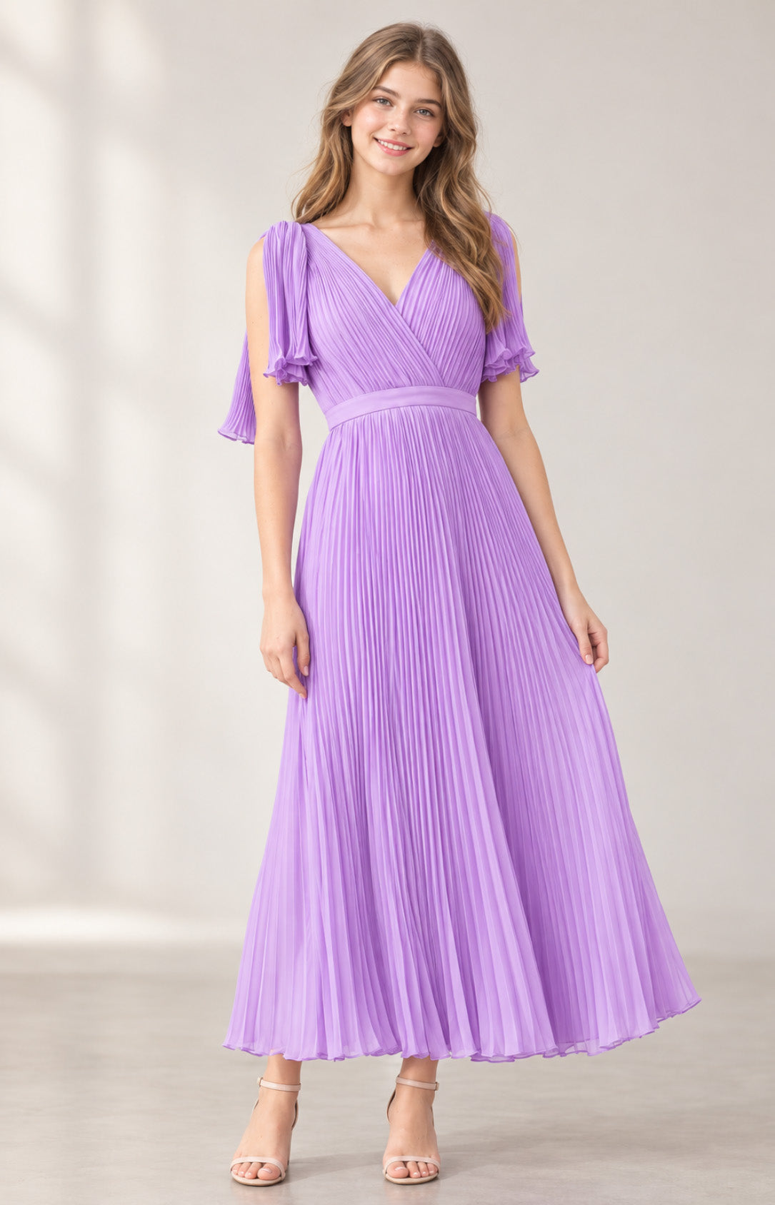 Lilac pleated chiffon V-neck A-line bridesmaid dress front view