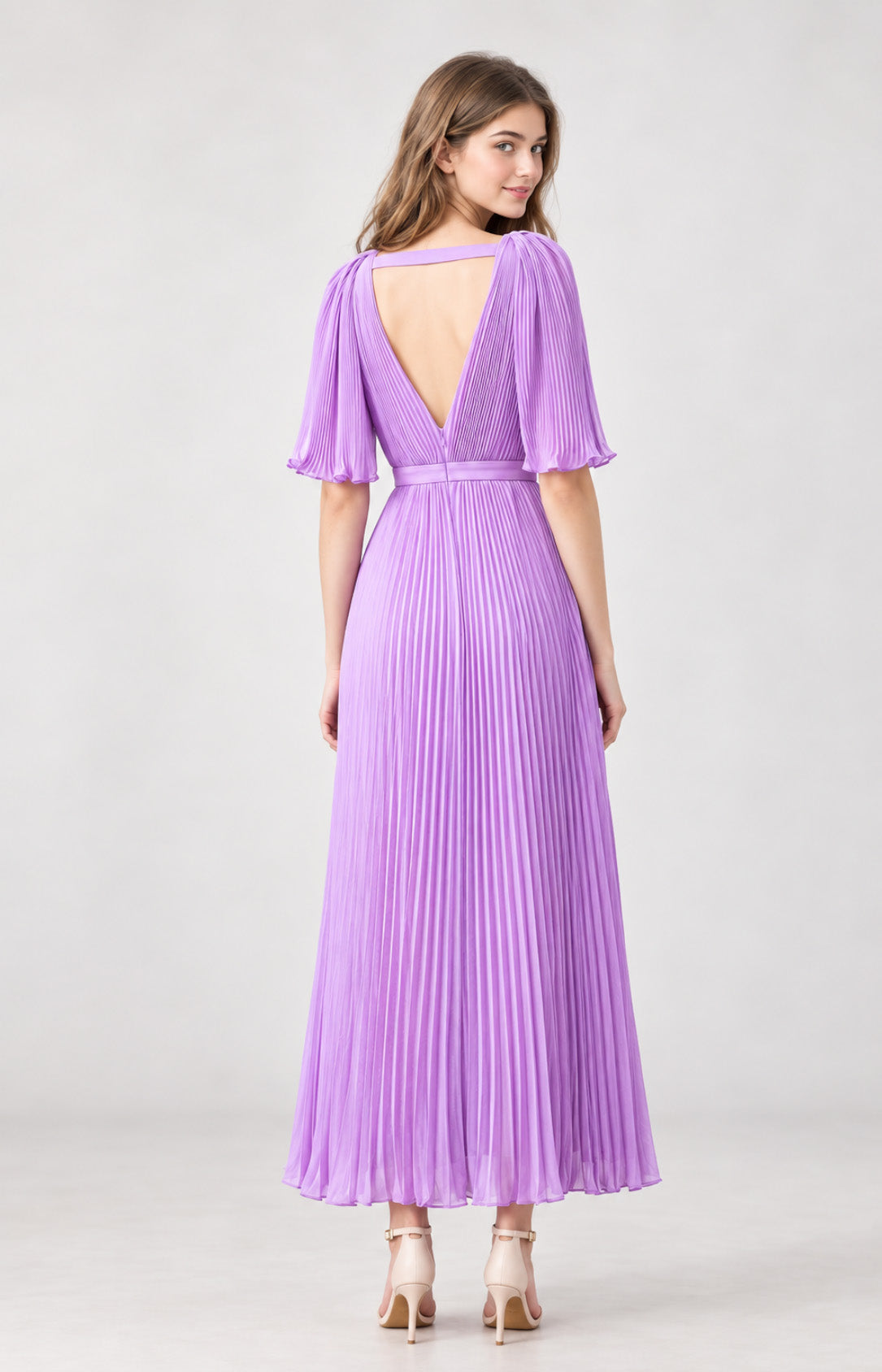 Lilac pleated chiffon bridesmaid dress with open V-back