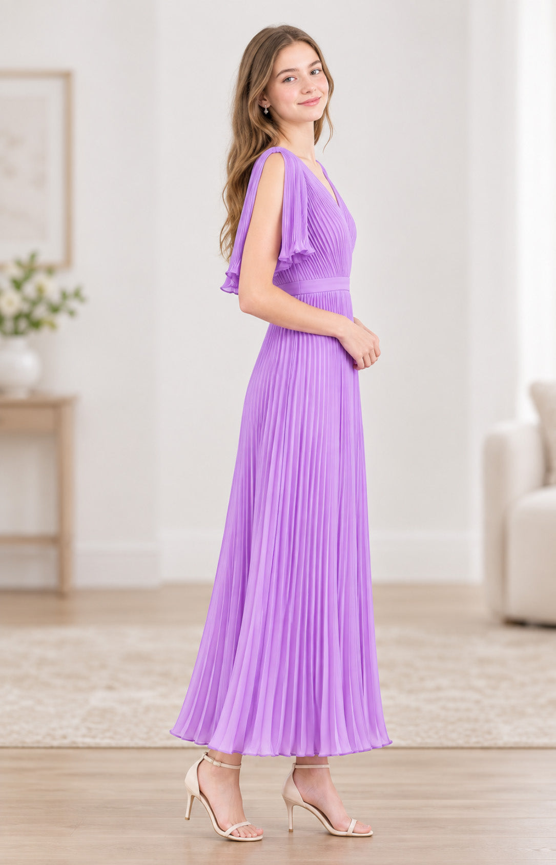 Lilac pleated chiffon flutter sleeve tea-length dress side view