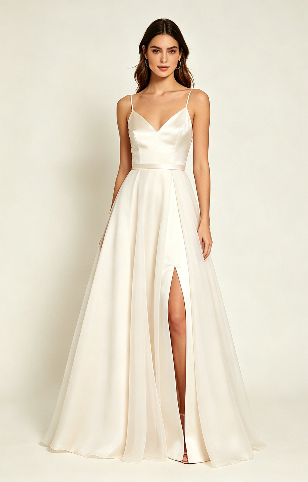 Lvory Spaghetti Strap V Neck Satin Bridesmaid Dress Front View