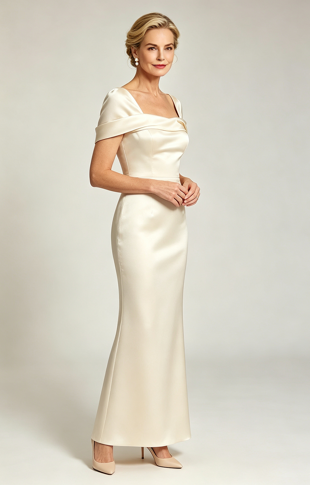 Lvory Champagne Convertible Off Shoulder Satin Mermaid Evening Gown Formal Mother of Bride Dress Side Front View