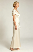 Lvory Champagne Convertible Off Shoulder Satin Mermaid Evening Gown Formal Mother of Bride Dress Side Front View