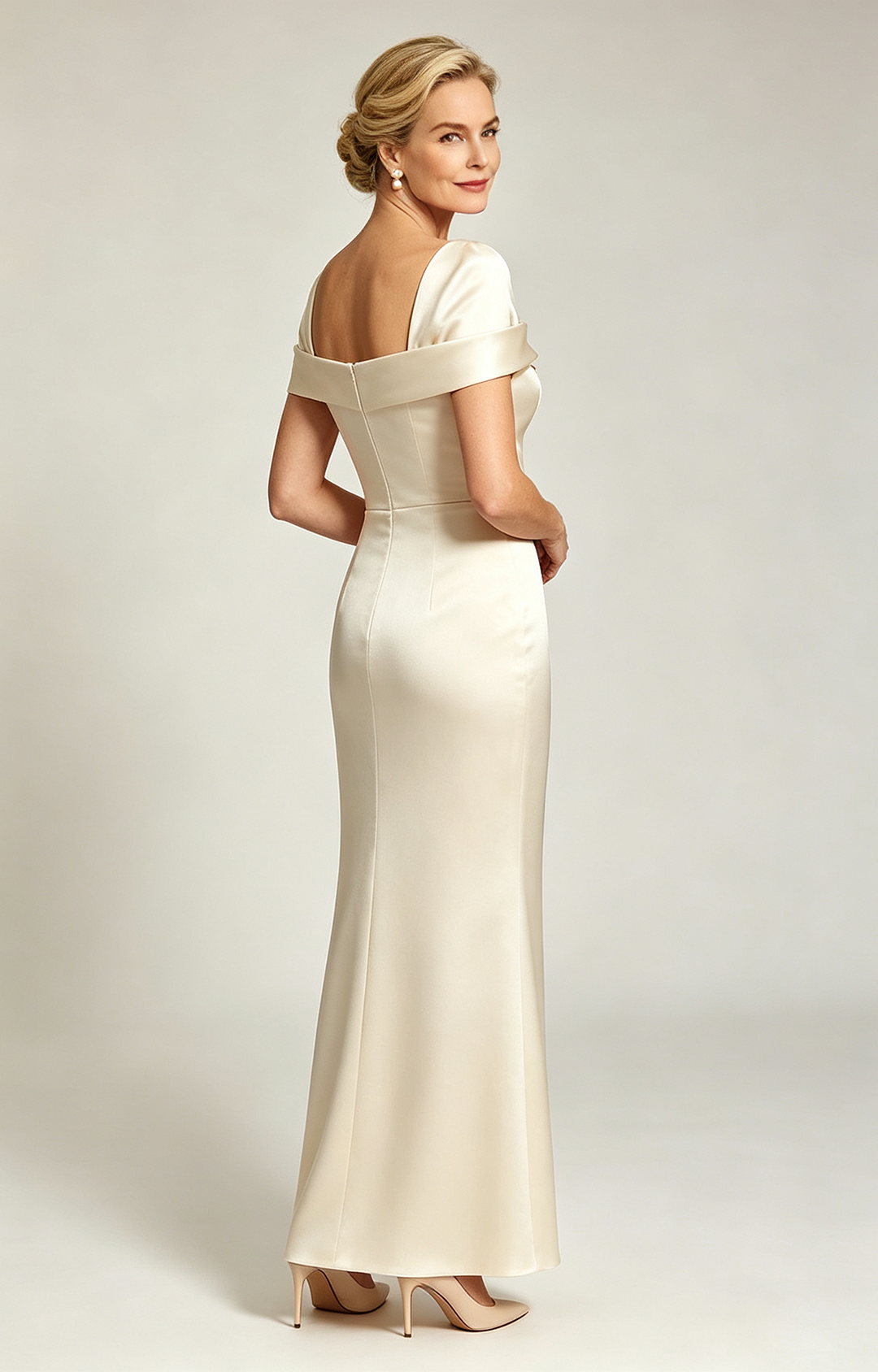 Lvory Champagne Convertible Off Shoulder Satin Mermaid Evening Gown Formal Mother of Bride Dress Side View