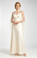 Lvory Satin Mother of the Bride Dress with Sheer Tulle Cape Long Formal Evening Gown