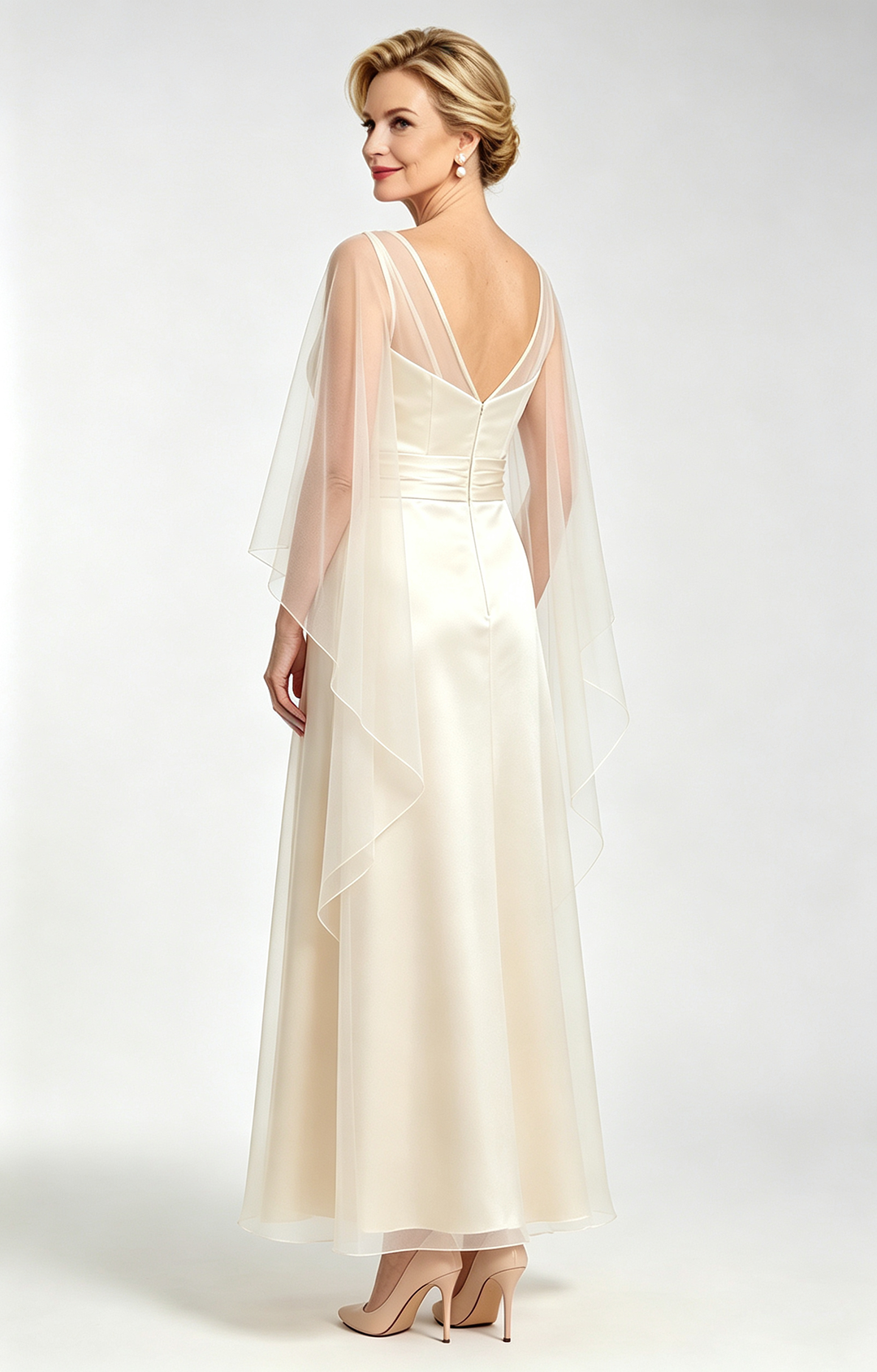 Lvory Satin Mother of the Bride Dress with Sheer Tulle Cape Long Formal Evening Gown Back View