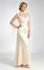 Lvory Satin Mother of the Bride Dress with Sheer Tulle Cape Long Formal Evening Gown Front View
