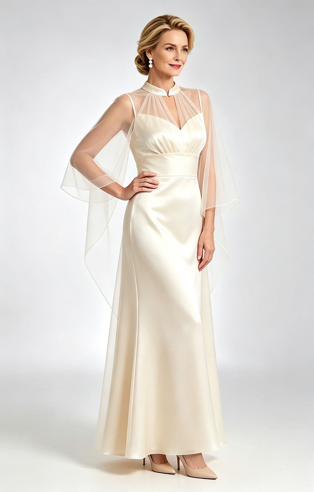 Lvory Satin Mother of the Bride Dress with Sheer Tulle Cape Long Formal Evening Gown Front View