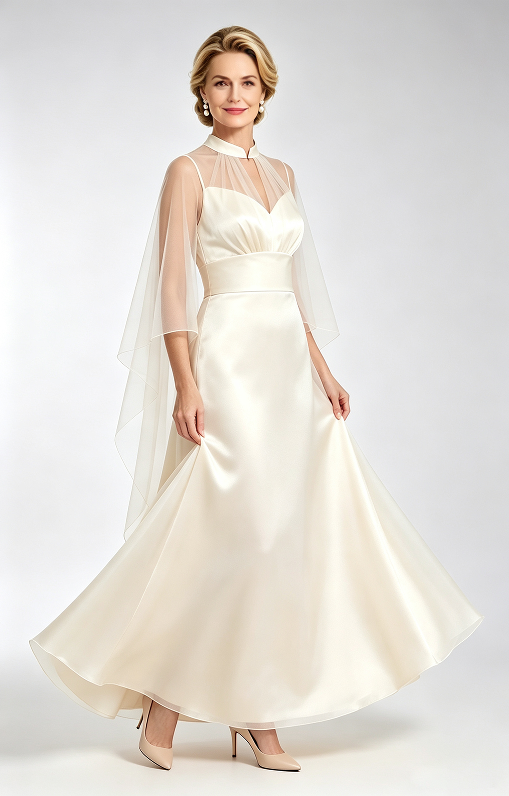 Lvory Satin Mother of the Bride Dress with Sheer Tulle Cape Long Formal Evening Gown Show View