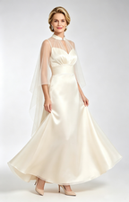 Lvory Satin Mother of the Bride Dress with Sheer Tulle Cape Long Formal Evening Gown Show View