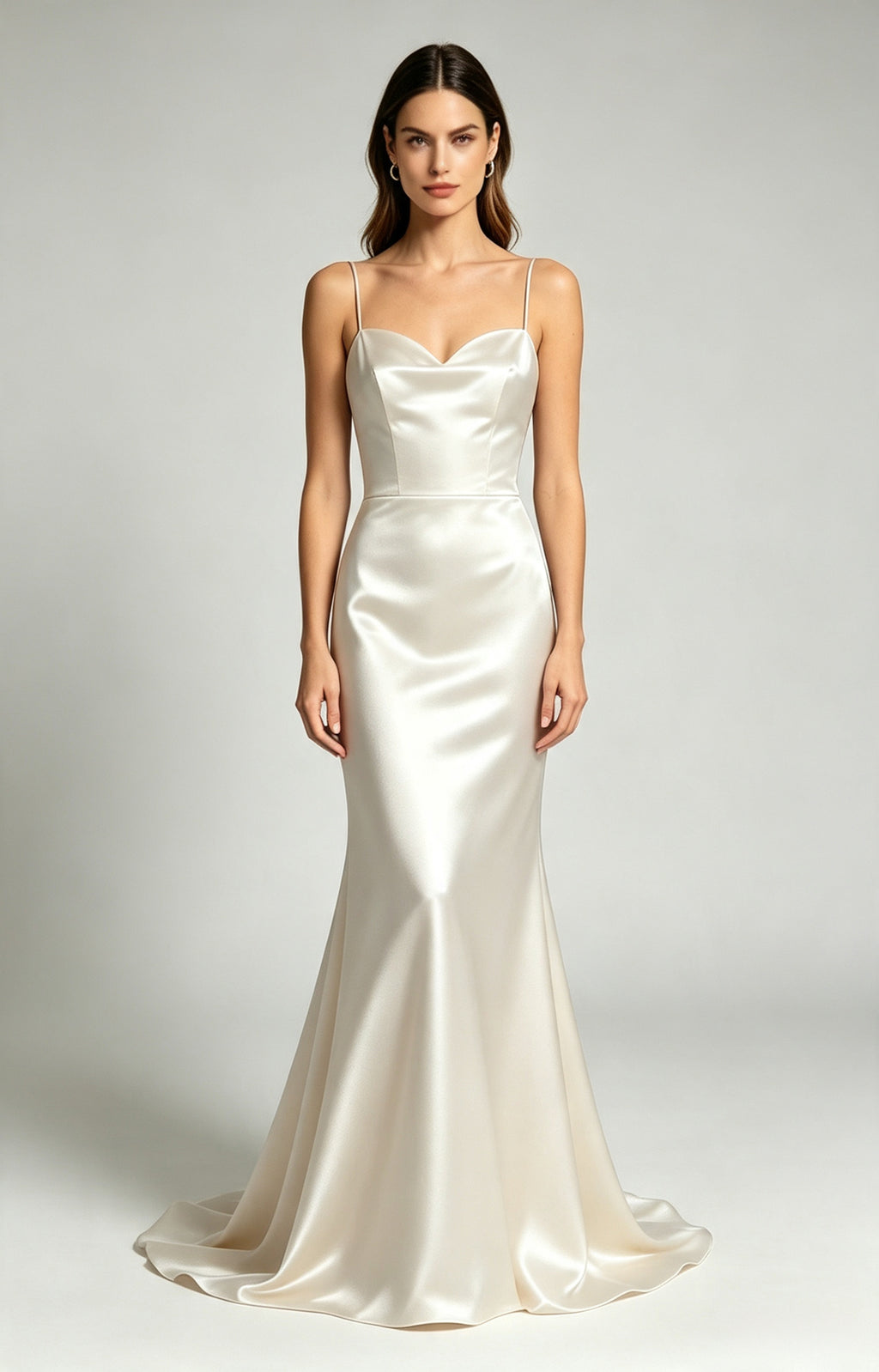 Lvory White Spaghetti Strap Sweetheart Mermaid Luminous Satin Evening Dress Front View 
