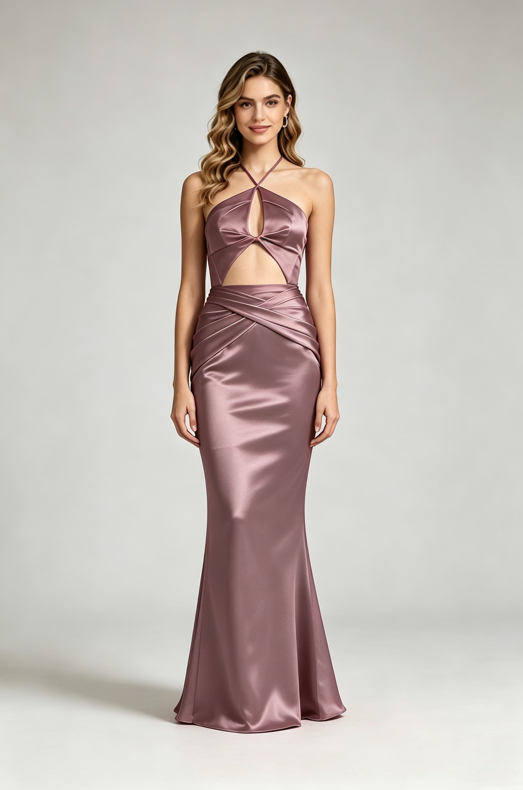Mauve Halter Cutout Satin Mermaid Evening Gown Front View