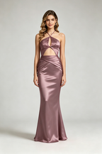 Mauve Halter Cutout Satin Mermaid Evening Gown Front View