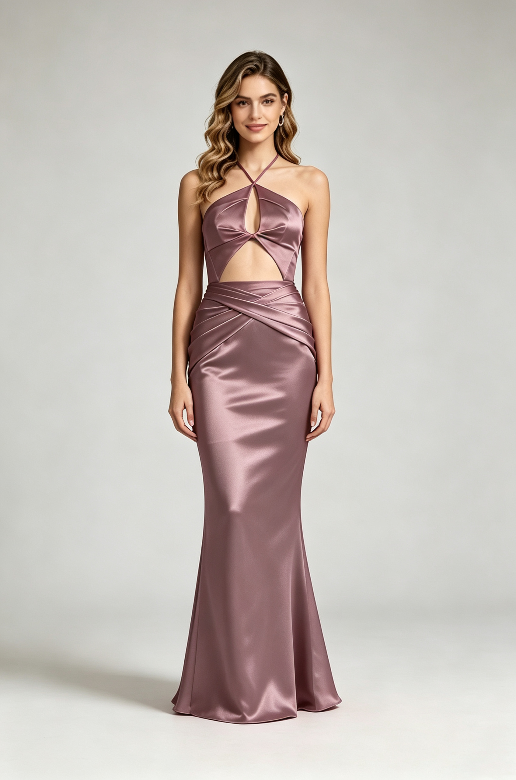 Mauve Halter Cutout Satin Mermaid Evening Gown Front View
