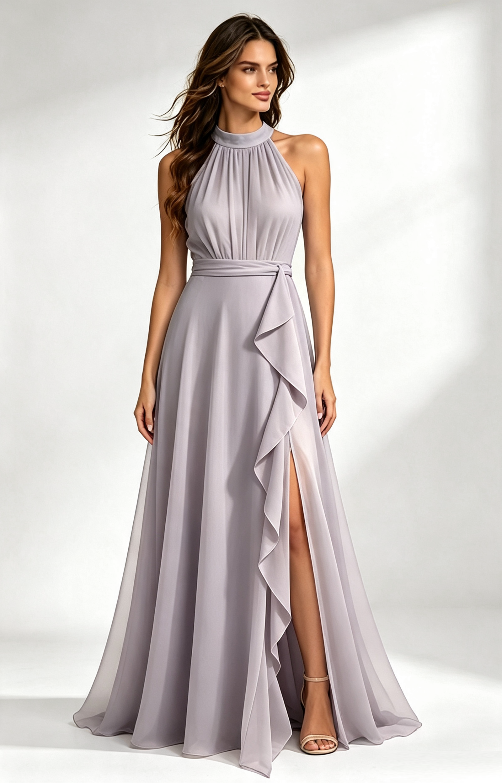 Mauve Halter Neck Chiffon Long Formal Dress Front View