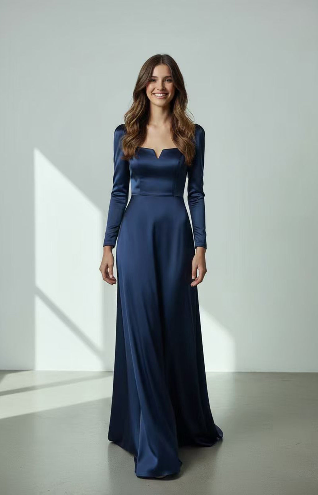 Midnight Navy Blue Heavy Satin Long Sleeve Wedding Dress Front View