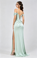 Elegant Mermaid Off-the-Shoulder Short-Sleeve Satin Floor-Length Corset-Back Formal Prom Dress