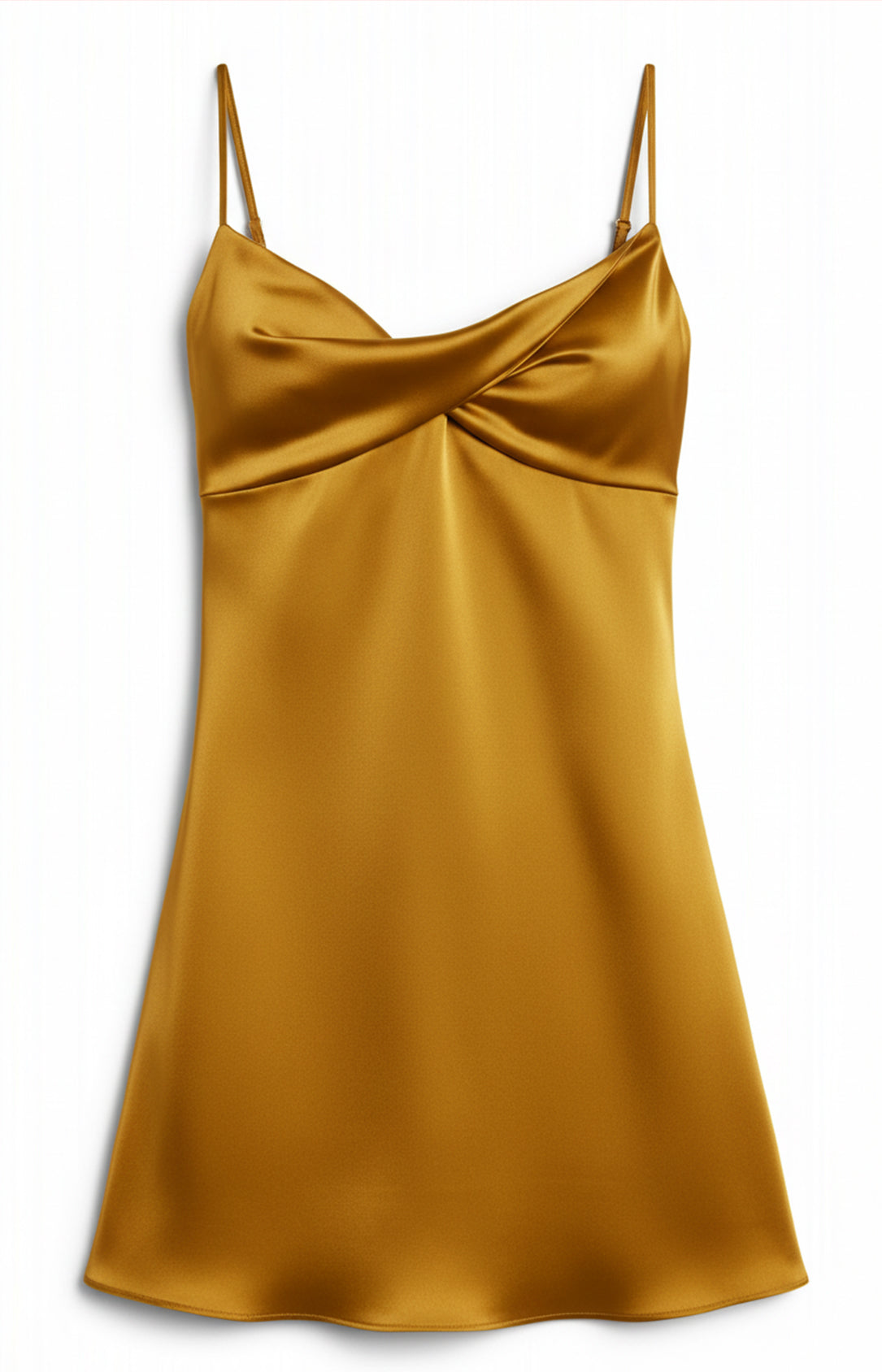 Mustard Yellow satin spaghetti strap mini dress adjustable strap front view 