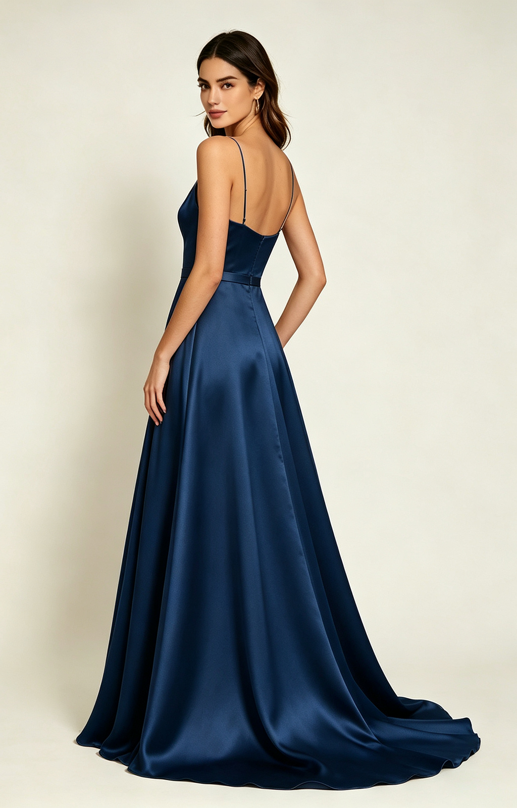 Navy Blue Spaghetti Strap V Neck Satin Bridesmaid Dress Back  View