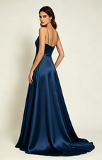 Navy Blue Spaghetti Strap V Neck Satin Bridesmaid Dress Back  View
