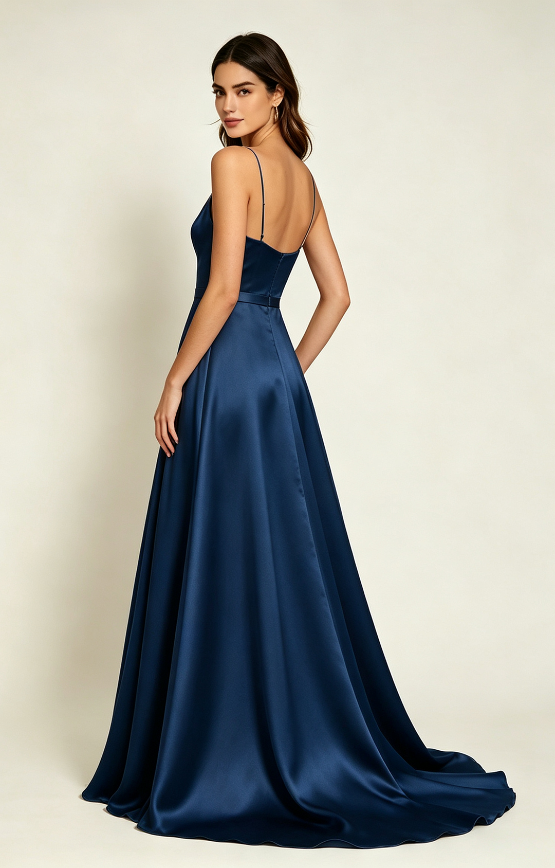 Navy Blue Spaghetti Strap V Neck Satin Bridesmaid Dress Back  View