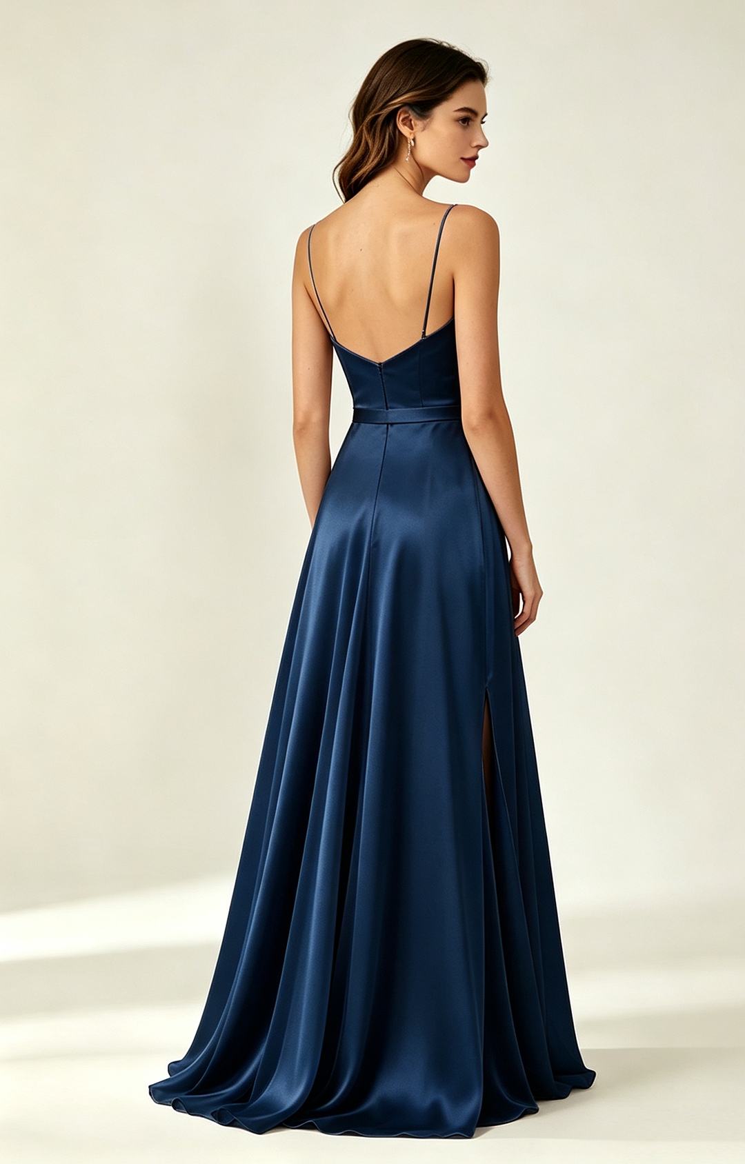 Navy Blue Spaghetti Strap V Neck Satin Bridesmaid Dress Side back  View