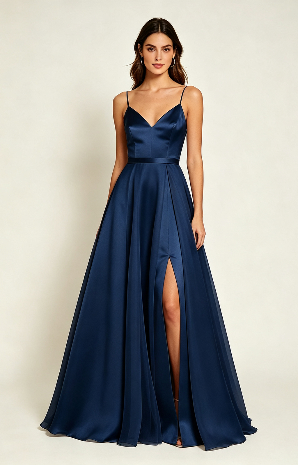 Navy Blue Spaghetti Strap V Neck Satin Bridesmaid Dress Front  View