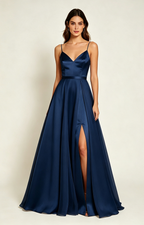 Navy Blue Spaghetti Strap V Neck Satin Bridesmaid Dress Front  View
