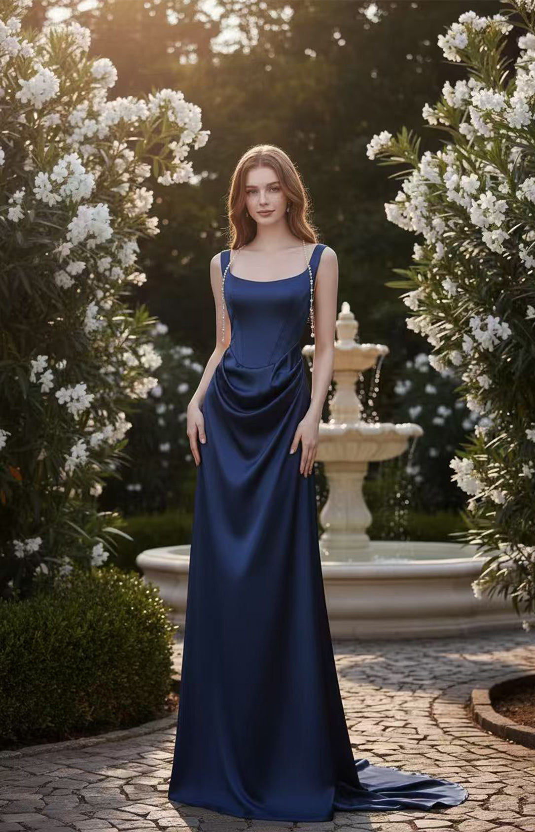 Navy blue elegant satin long prom dress with lace-up back US