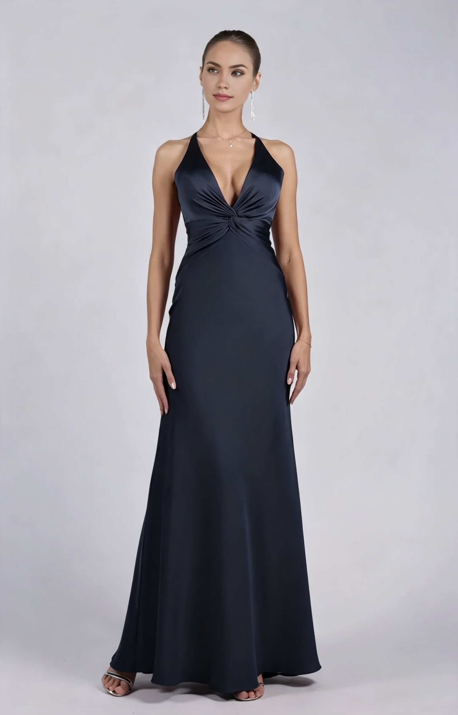 Glamorous Sheath Plunging V-neck Sleeveless Satin Floor-length Twist-front Evening Gown