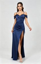 Elegant Mermaid Off-the-Shoulder Short-Sleeve Satin Floor-Length Corset-Back Formal Prom Dress