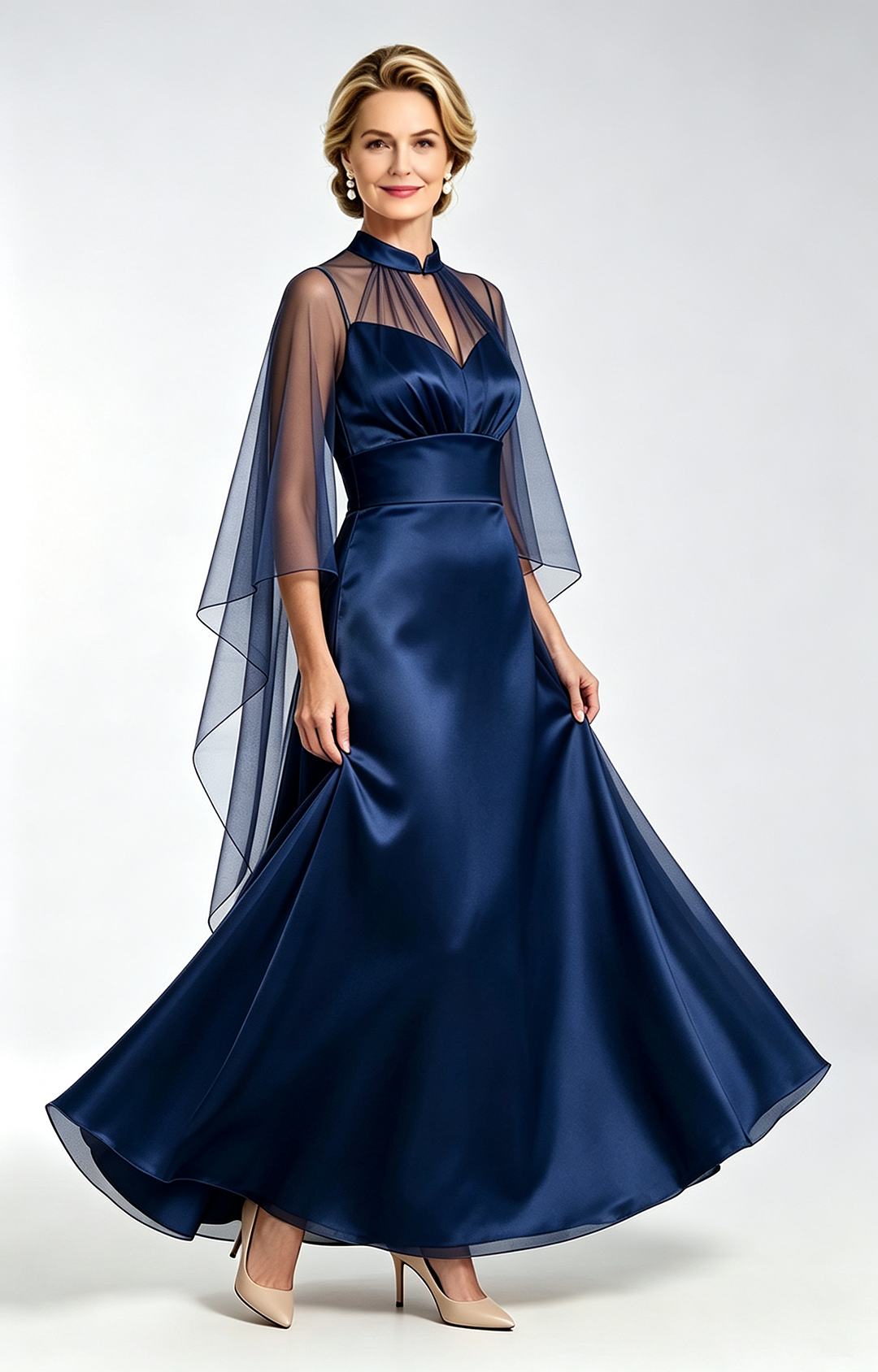  Navy Blue Satin Mother of the Bride Dress with Sheer Tulle Cape Long Formal Evening Gown  Side View