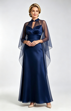  Navy Blue Satin Mother of the Bride Dress with Sheer Tulle Cape Long Formal Evening Gown  View
