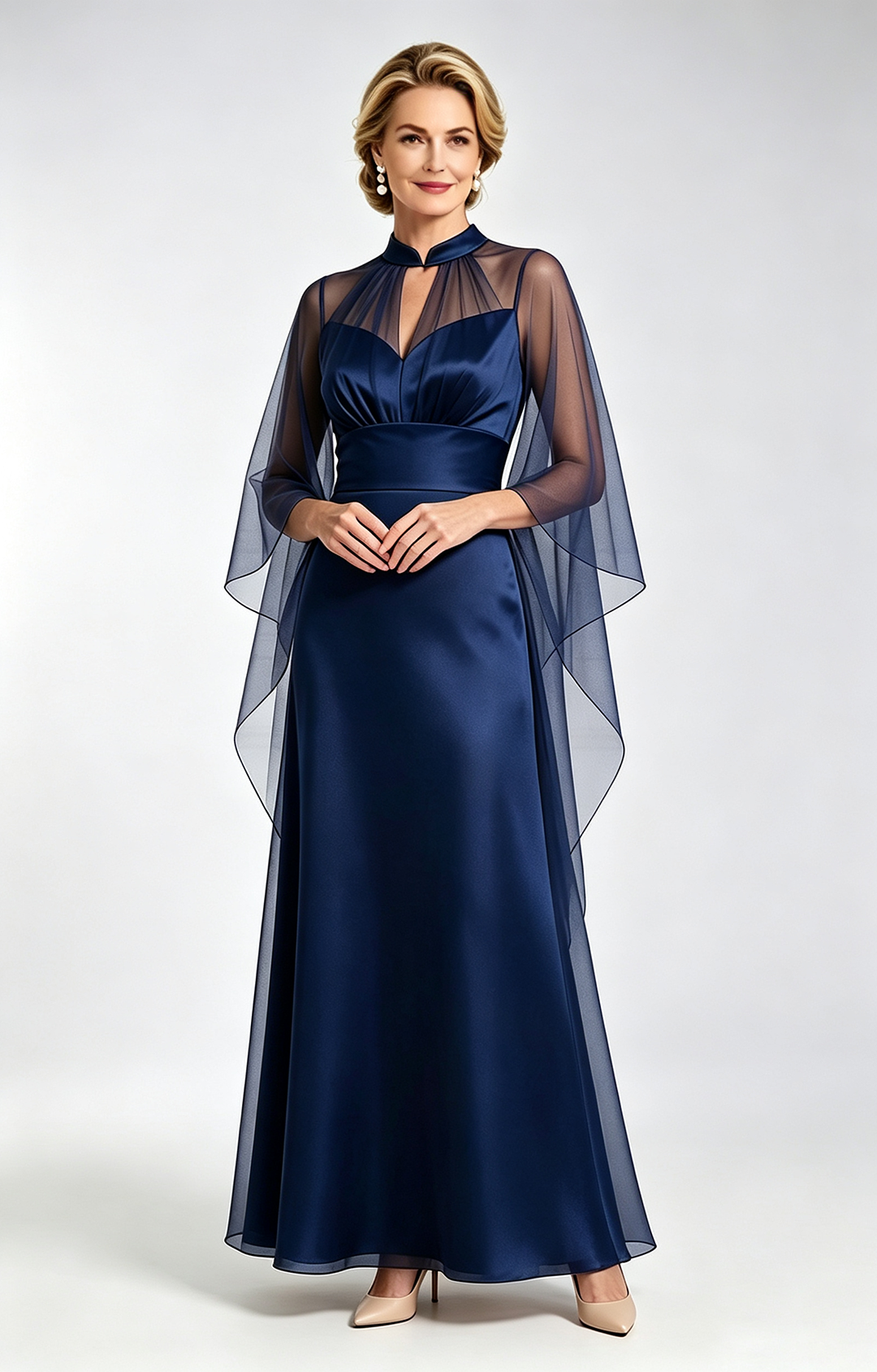  Navy Blue Satin Mother of the Bride Dress with Sheer Tulle Cape Long Formal Evening Gown  View